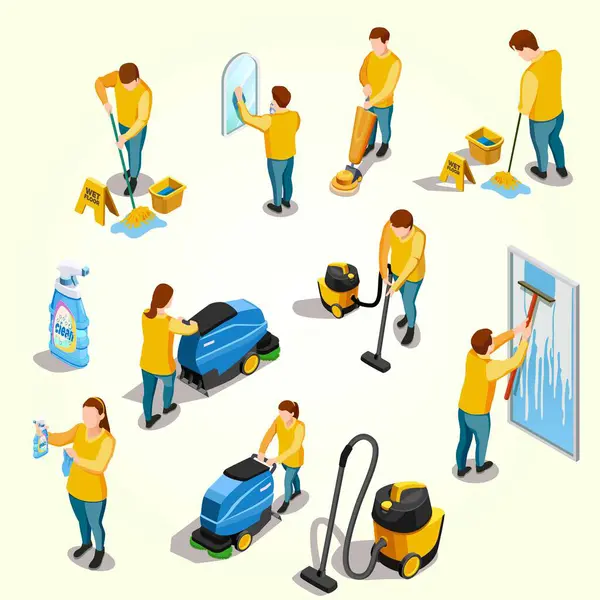 Isolated Images People Cleaning Homes Taking Out Trash Washing Clothes — Stock Vector