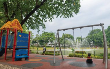 Güzel bir göl veya nehrin ortasındaki bir şehir parkının manzarası ve yerel sakinlerin faaliyetleri ve hayvanların devamlılığı ve çiçek açması.