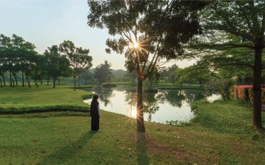 Güzel bir göl veya nehrin ortasındaki bir şehir parkının manzarası ve yerel sakinlerin faaliyetleri ve hayvanların devamlılığı ve çiçek açması.