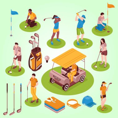 Düz tasarım vektör illüstrasyonunda spor ekipmanları ve ekipmanlarıyla golf kulübündeki bir grup insan
