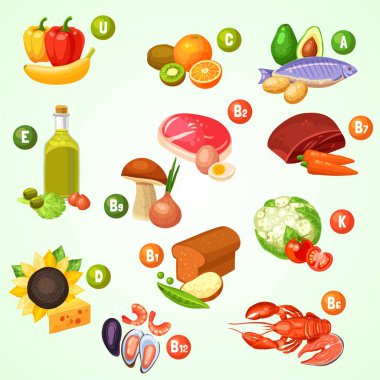 bir dizi farklı ürün ve simge, çizgi film stili resimleme