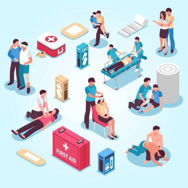 Doktorlar, doktorlar, hastalar ve vektör illüstrasyonu ile izometrik tıbbi konsept