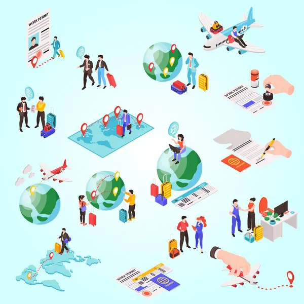 İzometrik seyahat ve turizm konsepti, insanlarla dünya haritası, seyahat, tatil ve seyahat