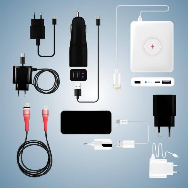 Elektronik cihazlar, USB kablo, şarj aleti, USB, şarj aleti. vektör