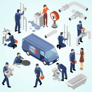 Garajdaki bir grup işçinin izometrik vektör çizimi, araba, servis