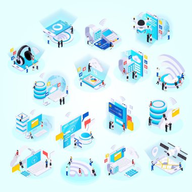 Şeylerin internetindeki bir dizi ikonun izometrik vektör çizimi