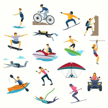 Ekstrem spor ve ekstrem spor yapan insanlar vektör çizimi yapıyor. Ekstrem sporlar, bisiklete binmek, ata binmek, ekstrem sporlar, ekstrem spor,