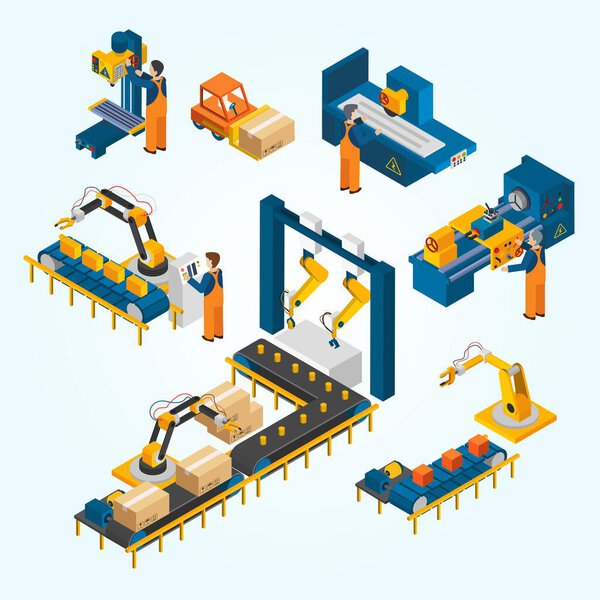 Иллюстрация вектора заводских изометрических значков