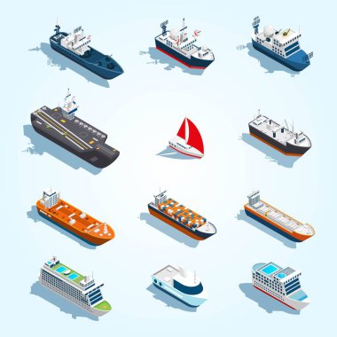 Bir dizi izometrik ikon. kargo gemisi, kargo gemisi ve tekne, gemi, deniz, gemi, gemi, gemi. vektör illüstrasyonu.