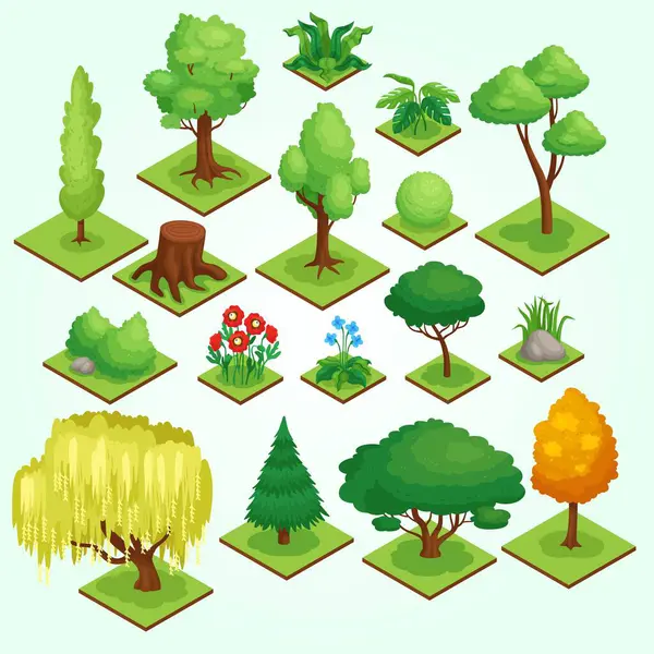 İzometrik ağaçlar ayarlandı. Beyaz arkaplanda izole edilmiş izometrik biçim, vektör illüstrasyonu