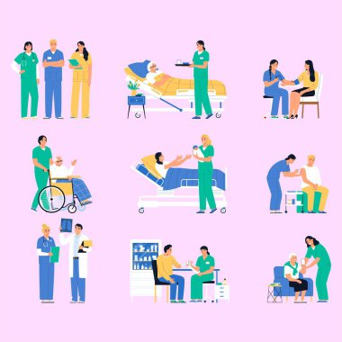 Doktor karakterlerinin ve hastanın düz vektör illüstrasyonunu ayarla