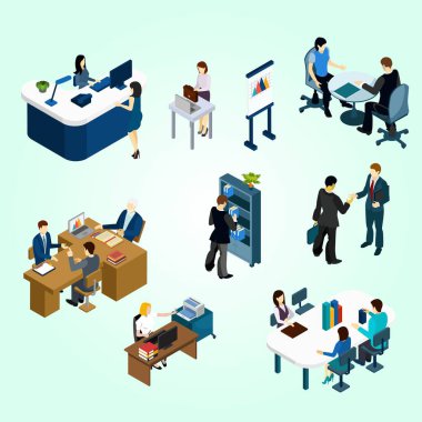 Ofis masasında çalışan izometrik iş adamları