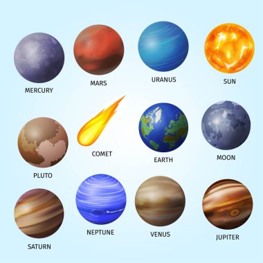 Gezegenler, gezegenler ve yıldızlar, set, çizgi film vektör çizimi