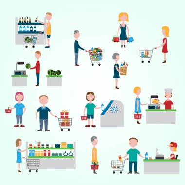 Süpermarketteki insanlar, süpermarket, alışveriş. Süpermarket. vektör
