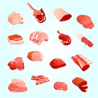 Beyaz arka planda farklı et çeşitleri. düz vektör illüstrasyonu