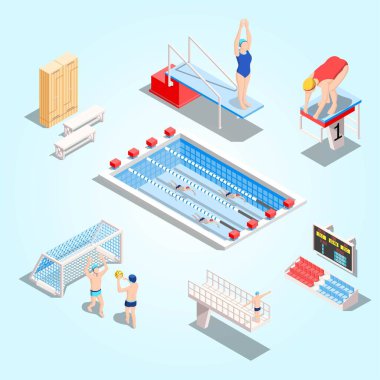 yüzme havuzu ve izometrik manzara mavi vektör illüstrasyonunda farklı insanlarla