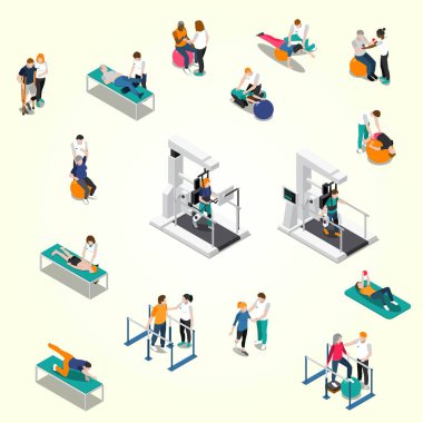 Tıbbi maskeli izometrik insanlar ofisteki masada..