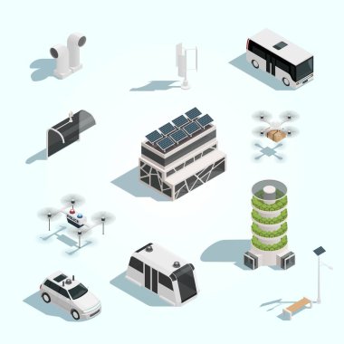 Şehir taşımacılığı, şehir, ulaşım ve lojistiğin izometrik 3 boyutlu izometrik simgeleri