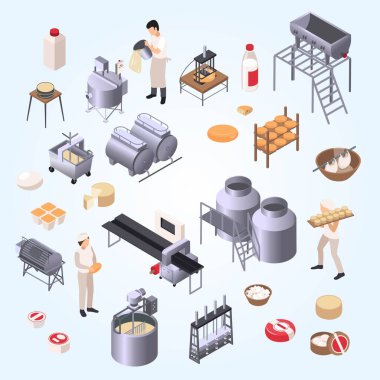 Üretim süreci 3 boyutlu vektör illüstrasyonlu izometrik fabrika ikonu