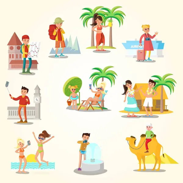 İnsanlar seyahat ve yaz tatili düz ikonlar vektör illüstrasyonu
