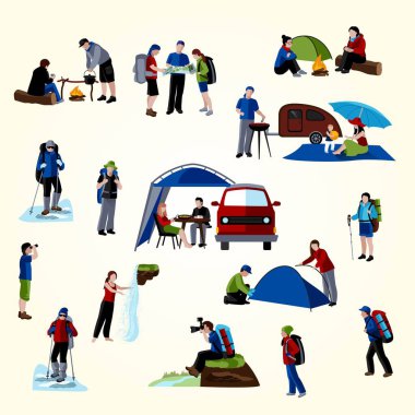 kamp simgeleri seti, çizgi film stili tasarımı