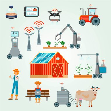 Çiftçi ve tarım elementleri kümesi, vektör illüstrasyonu