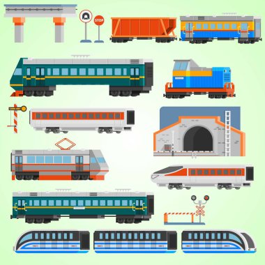 Demiryolu tren ikonları, çizgi film tarzı.
