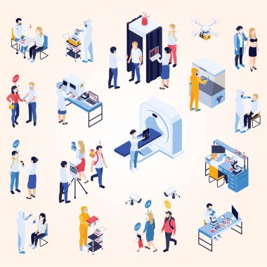 Hastane odasındaki doktorlar ve hastalarla birlikte vektör izometrik tıp merkezi bileşimi