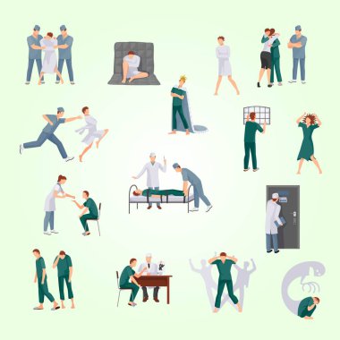 Çizgi film karakterlerinin iş için farklı pozlardaki vektör çizimi