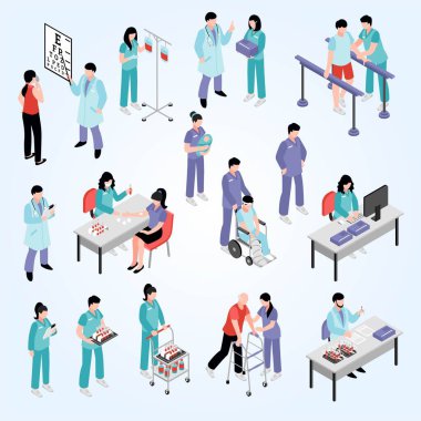 Tıp çalışanları ikonları izometrik olarak ayarlar