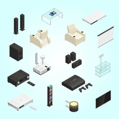 Elektronik şeylerin izometrik simgeleri. 3d vektör illüstrasyonu