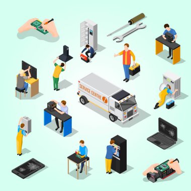 Bir atölyede çalışan insanların vektör izometrik düz tasarım konsepti, onarım ve servis. izometrik 3d baskı makinesi, makine ve diğer parçalar