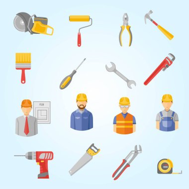 Yapı araçları, inşaat, inşaat araçları ve ekipmanlarla düz tasarım illüstrasyonu.