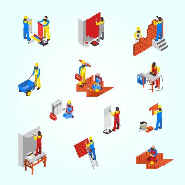 İnşaat işçileri izometrik 3 boyutlu vektör simgeleri