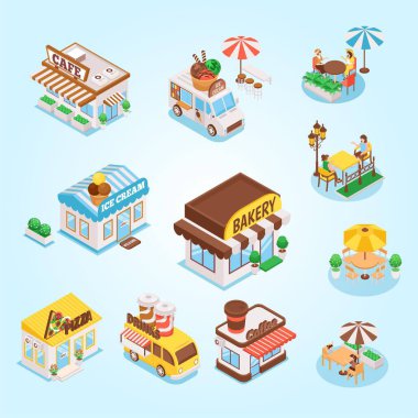 İzometrik sokak kafesi ve şehir elementlerinin vektör kümesi