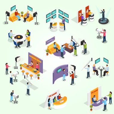 Ofisteki insanların izometrik düz çizimi. Ofiste çalışan iş ekibi..