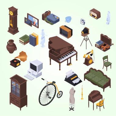 Oturma odası simgeleri hazır. Beyaz arkaplanda izole edilmiş ağ için izometrik 9 oturma odası vektör simgesi