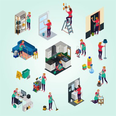 Düz izometrik insan kümesi ve mutfakta çalışmak, izole vektör çizimi