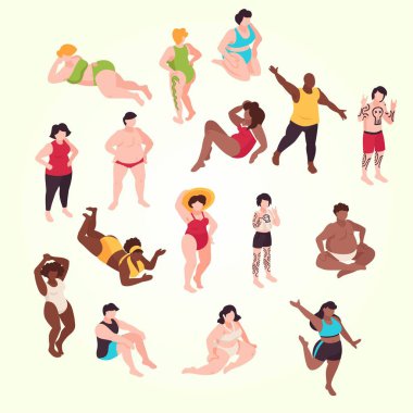 Beyaz arka planda düz tasarım vektör illüstrasyonunda farklı pozlar ve vücut bakımı yapan insanlar ve vücut bakımı seti