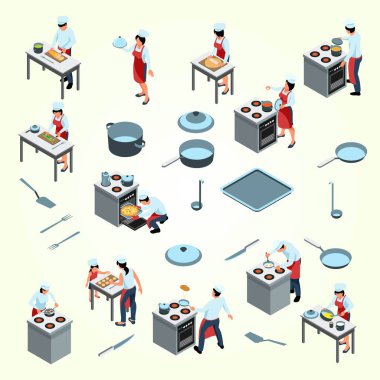 izometrik mutfak ve insanlar vektör