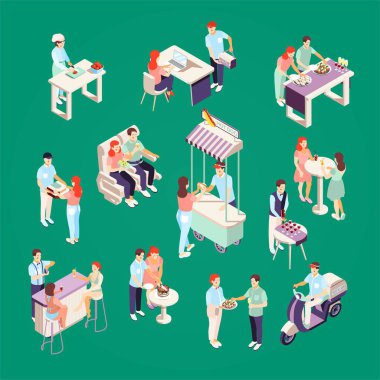 Tıbbi personel izometrik bileşimi doktorlarla ve doktor ve klinik vektör ilüstrasyonunda.