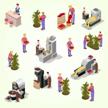 Bir fabrikanın, insanların ve çalışmanın izometrik vektör çizimi.