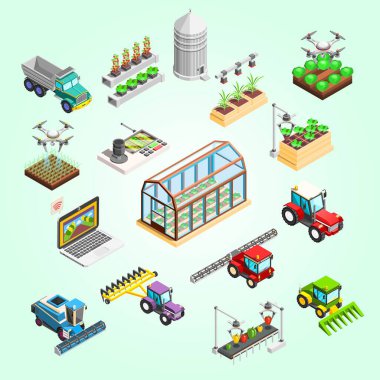 Tarım, tarım, tarım, tarım, tarım ve çiftçilik alanlarında izometrik ikonlar, düz tasarım illüstrasyonu
