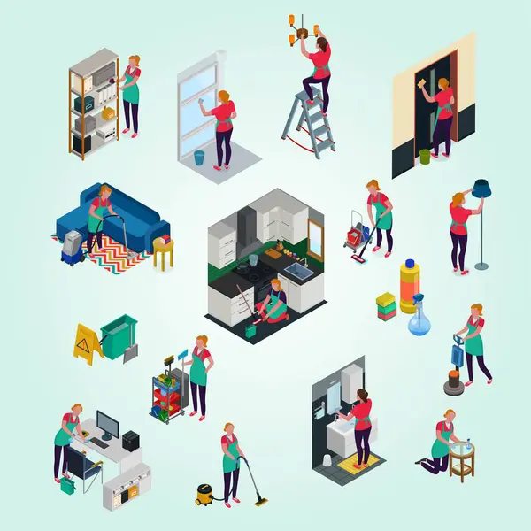 Düz izometrik insan kümesi ve mutfakta çalışmak, izole vektör çizimi