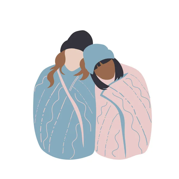 Δύο Γυναίκες Κουβέρτες Αγκαλιασμένες — Διανυσματικό Αρχείο
