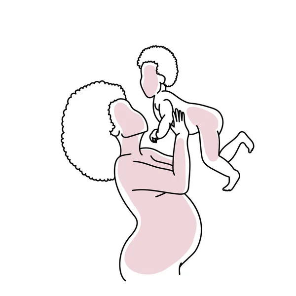 摘要怀孕妇女将其幼儿抱在胳膊线艺术载体中 — 图库矢量图片