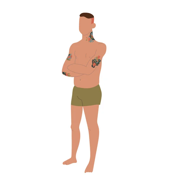 Young Confident Man Tattoo Wearing Underpants Standing Isolated White Background — Stock Vector
