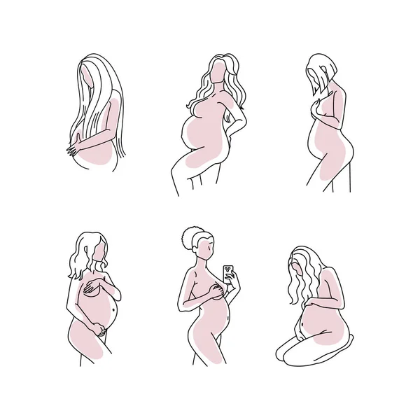 Line Art Woman Pregnant Belly Vector Set Isolated White Background — Stock Vector