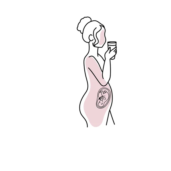 Linje Konst Gravid Kvinna Som Håller Kopp Isolerad Vit Bakgrund — Stock vektor