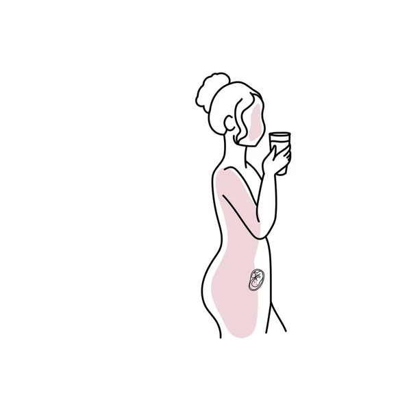 Lijn Kunst Zwangere Vrouw Holding Cup Geïsoleerd Witte Achtergrond — Stockvector